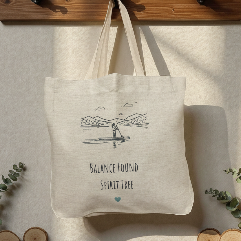 Balance Found Spirit Free Tote Bag – Line Art Paddleboarding Design