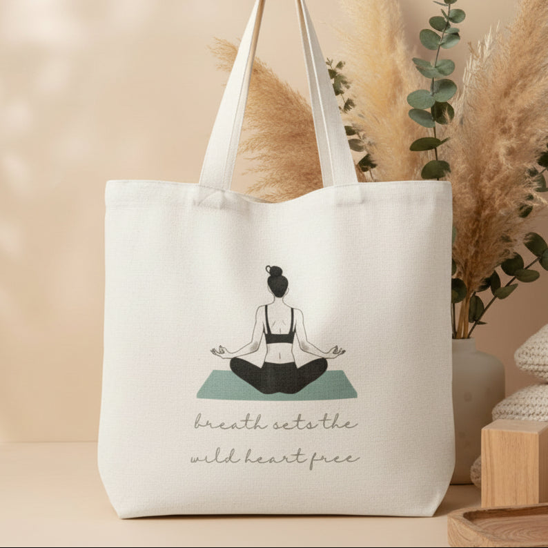 Tote bag with a yoga-themed design and text on a light surface.