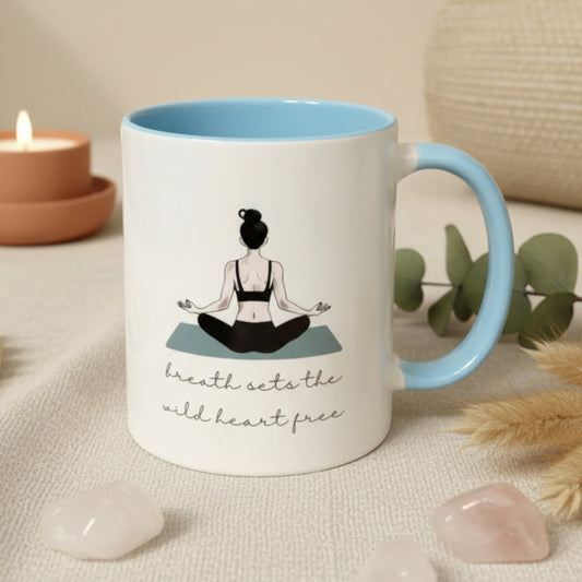 Breath Sets The Wild Heart Free Ceramic Mug – Female Yoga Pose Design