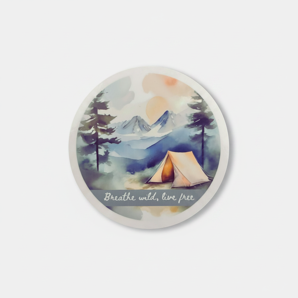 Breathe Wild, Live Free Round Coaster – Watercolour Nature & Camping Design | Boho Adventure Décor