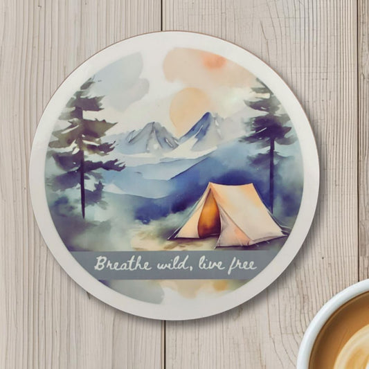 Breathe Wild, Live Free Round Coaster – Watercolour Nature & Camping Design | Boho Adventure Décor