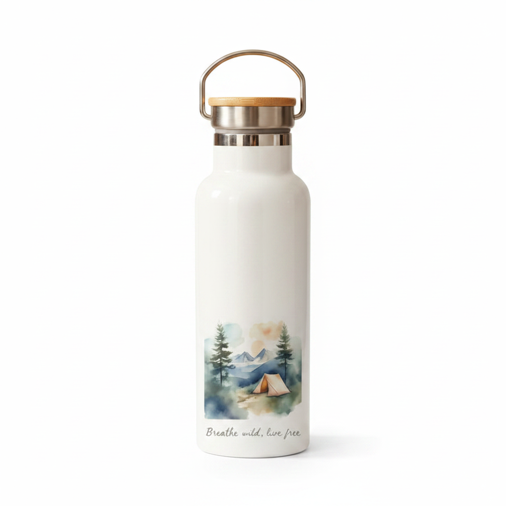 Breathe Wild Live Free Metal Water Bottle – 500ml Stainless Steel Insulated Flask with Watercolour Camping Design