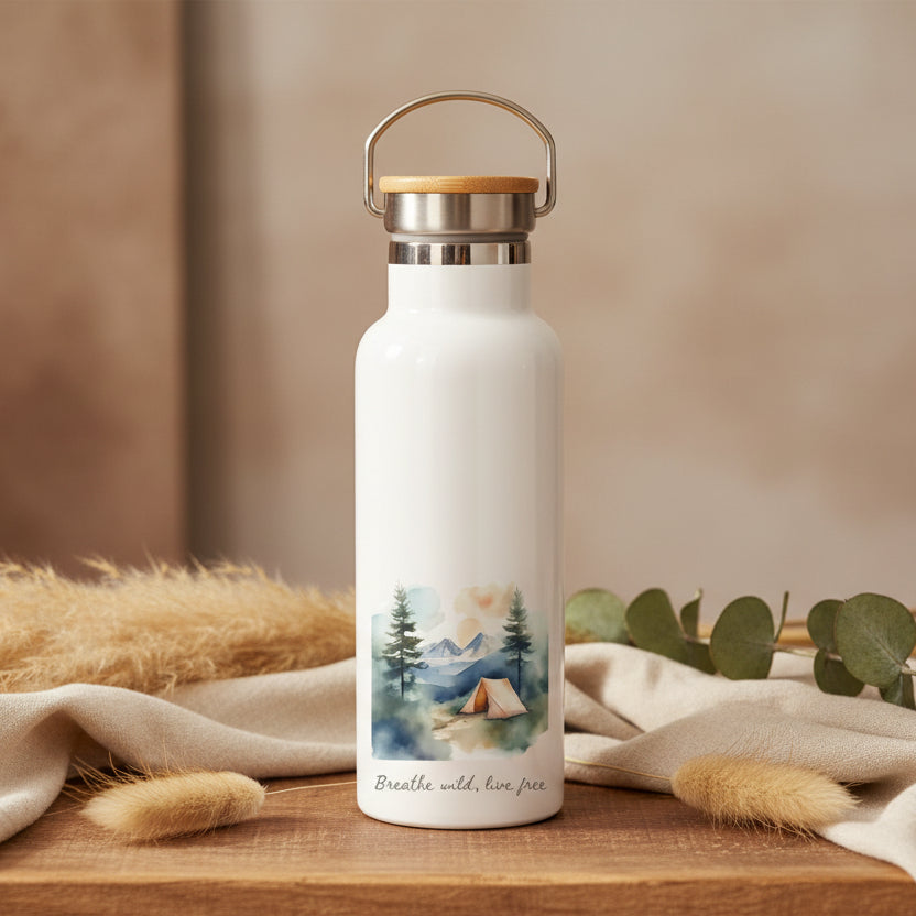 White water bottle with nature-themed design and bamboo cap on a wooden table.