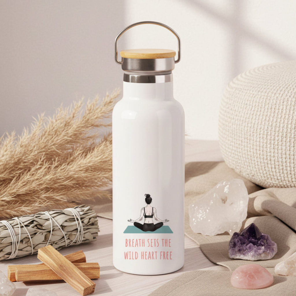 Breath Sets the Wild Heart Free Metal Water Bottle – 500ml Stainless Steel Insulated Flask with Female Yoga Pose Design