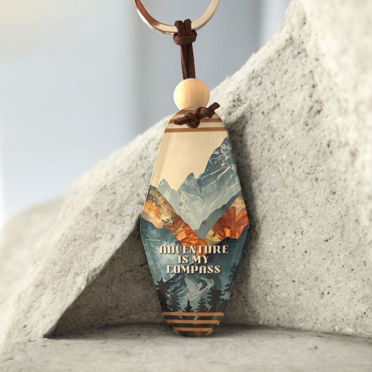 Adventure Is My Compass Keyring – Retro Motel Style Boho Keychain with Rugged Layered Mountains Design, Gift for Outdoor Lovers