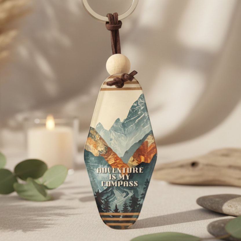 Adventure Is My Compass Keyring – Retro Motel Style Boho Keychain with Rugged Layered Mountains Design, Gift for Outdoor Lovers