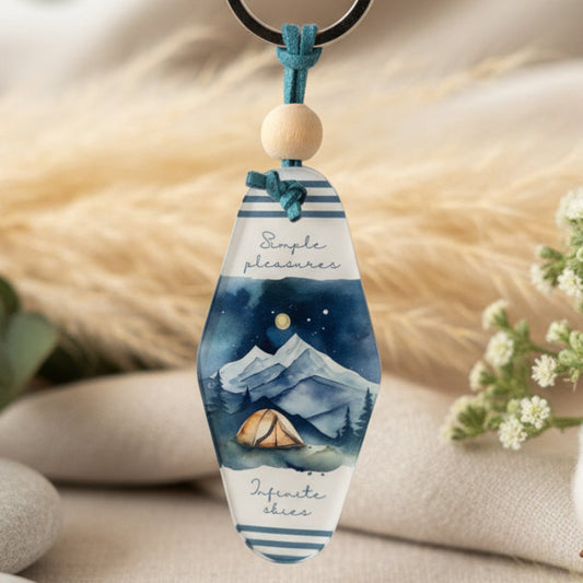 Simple Pleasures, Infinite Skies Keyring – Retro Motel Style Boho Keychain with Watercolour Nighttime Mountain Camping Design, Gift for Nature & Adventure Lovers
