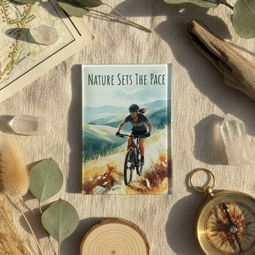 Nature Sets The Pace Glass Magnet – Female Watercolour Mountain Biking