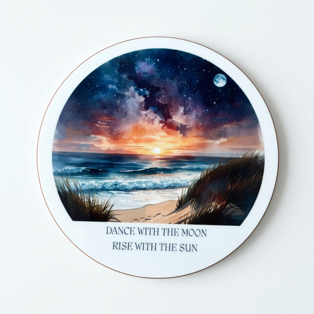 Dance with the Moon, Rise with the Sun Round Coaster – Ocean Night Sky & Sunrise Beach Design | Coastal Boho Décor