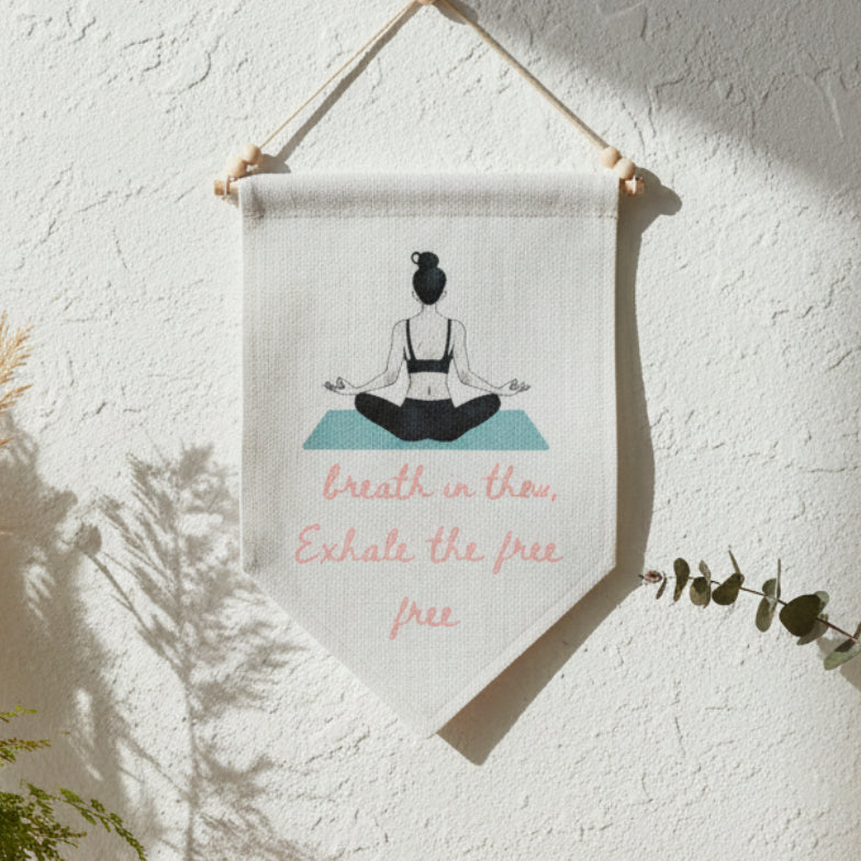 Breath Sets the Wild Heart Free Quote Linen Wall Hanging with Watercolour Yoga Pose – Boho Home Décor & Mindfulness Wall Art