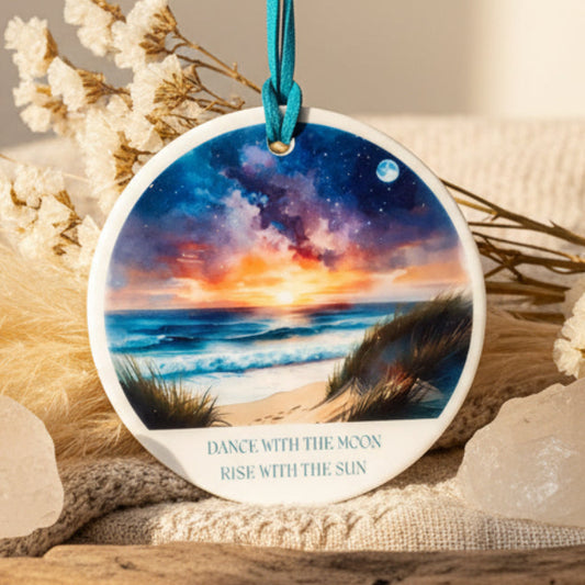 Dance With The Moon Rise Ceramic Hanging Ornament – Nighttime Ocean Beach Scene with Moon and Rising Sun | Boho Coastal Décor