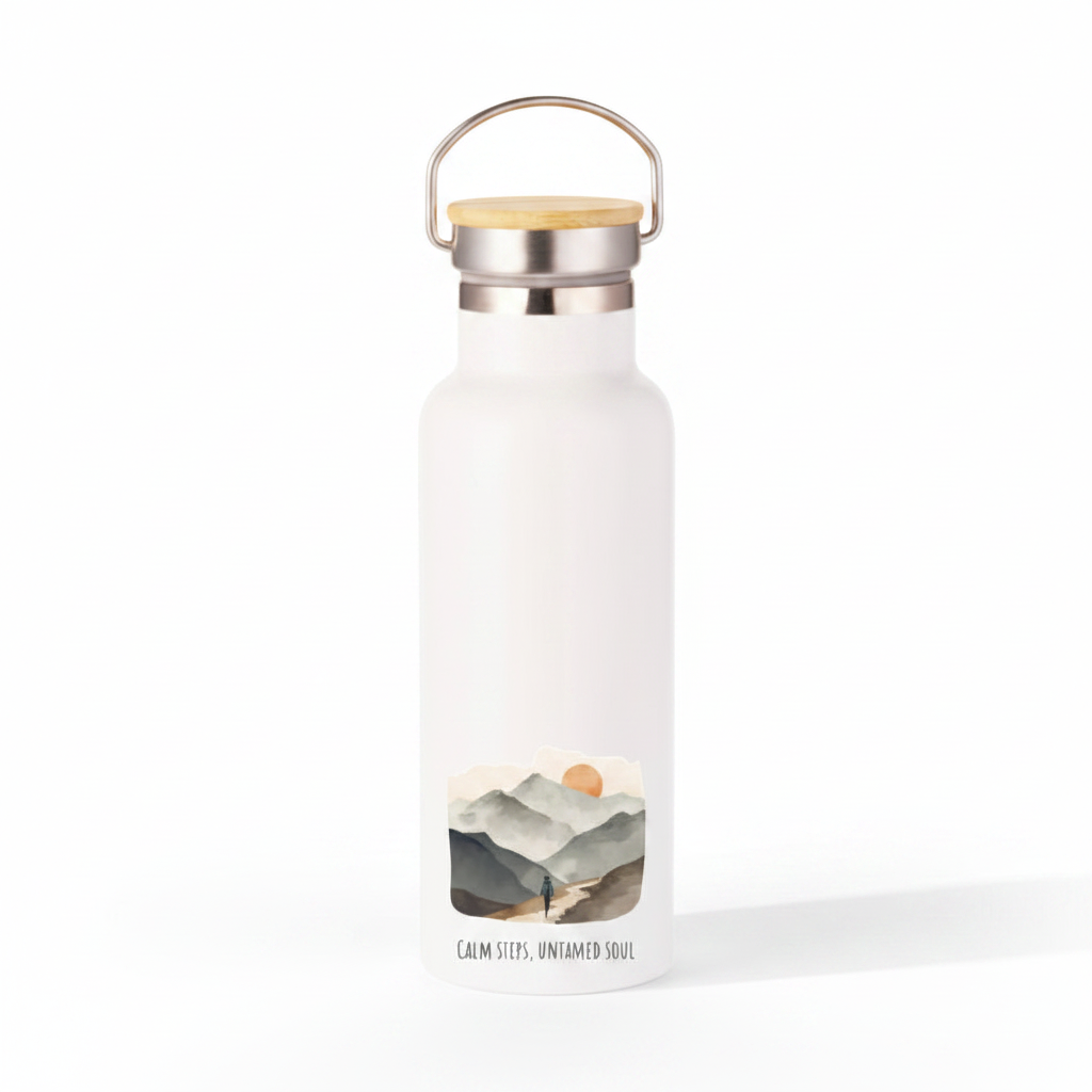 Calm Steps Untamed Soul Metal Water Bottle – 500ml Stainless Steel Insulated Flask with Watercolour Female Hiker Design