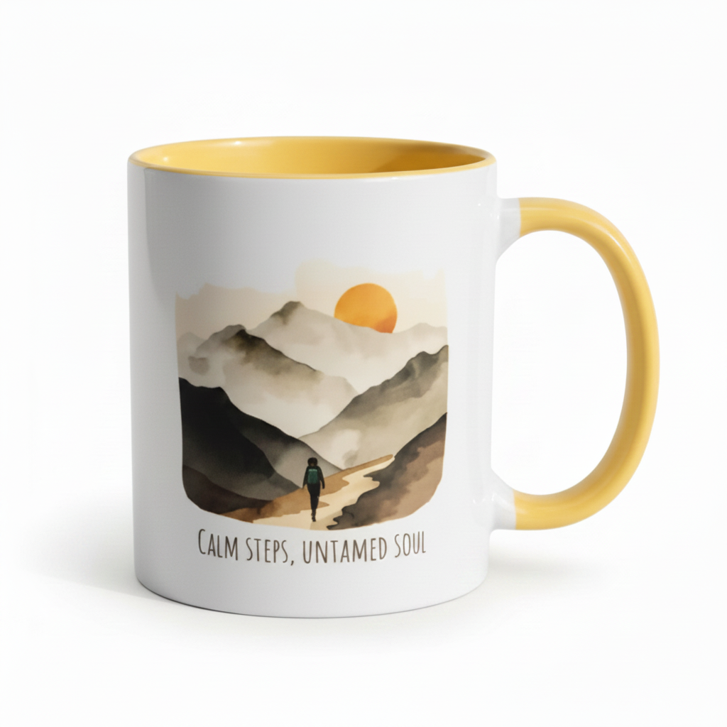 Calm Steps Untamed Soul Ceramic Mug – Watercolour Mountain Hiker Design
