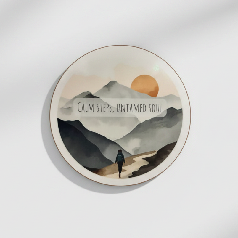 Calm Steps, Untamed Soul Round Coaster – Watercolour Mountain Hiking Design | Wild Heart Free Spirit Décor