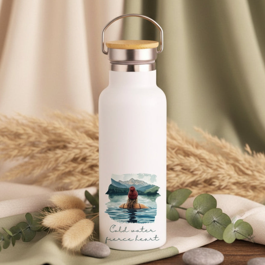 Cold Water Fierce Heart Metal Water Bottle – 500ml Stainless Steel Insulated Flask with Wild Swimming Design of Blonde in Bobble Hat