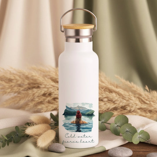 Cold Water Fierce Heart Metal Water Bottle – 500ml Stainless Steel Insulated Flask with Wild Swimming Design of Blonde in Bobble Hat