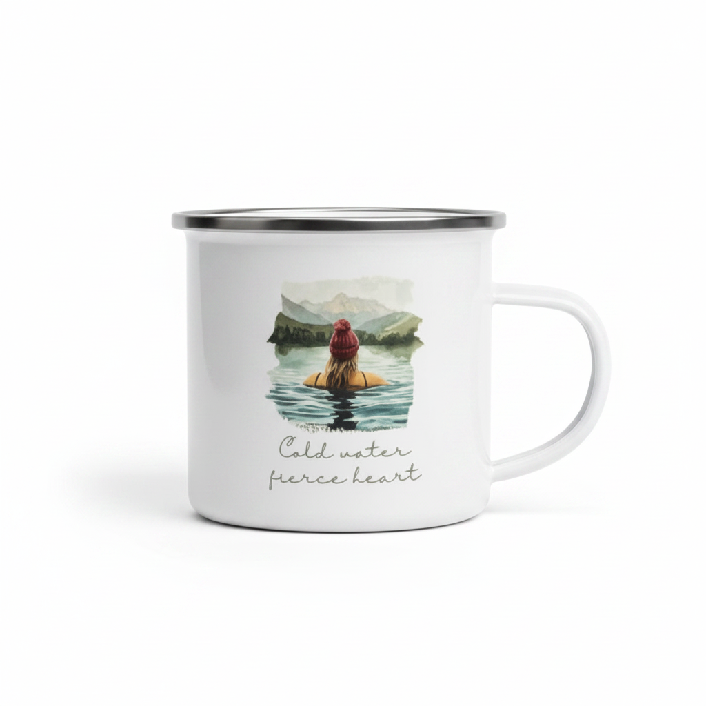 Cold Water Fierce Heart Enamel Mug – 12oz Wild Swimming Mug for Women -Blonde Hair