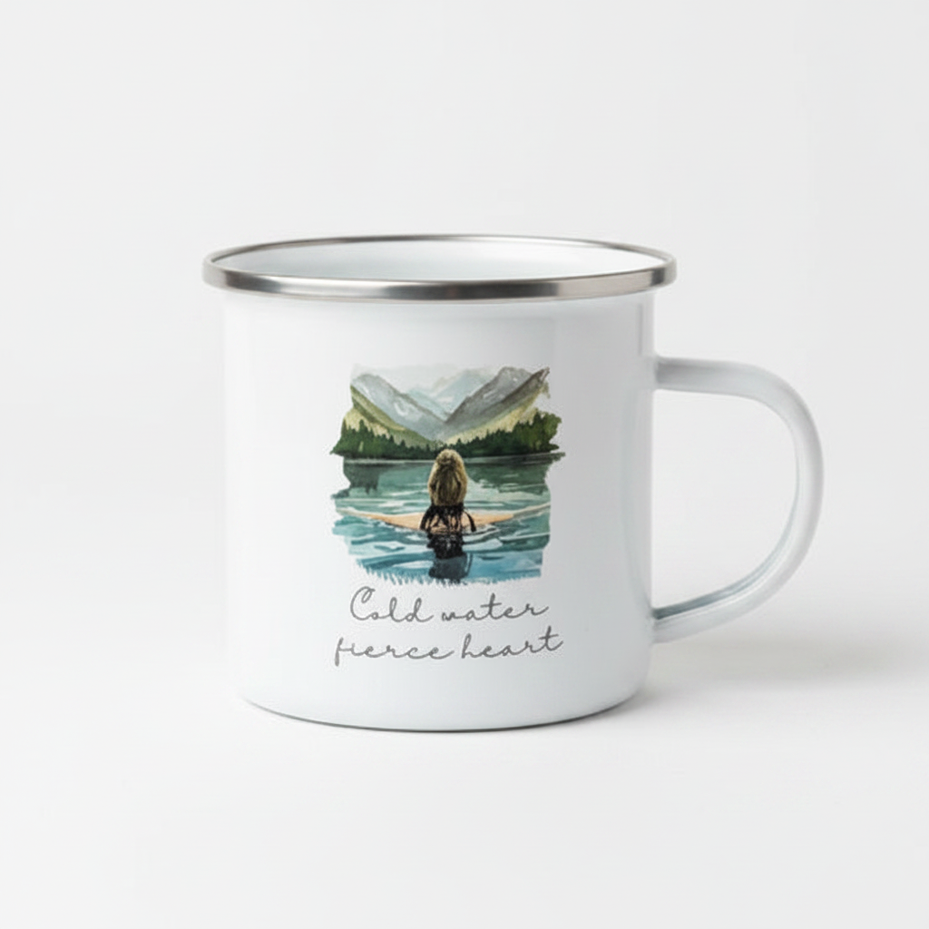 Cold Water Fierce Heart Enamel Mug – 12oz Wild Swimming Mug for Women - Brunette Hair