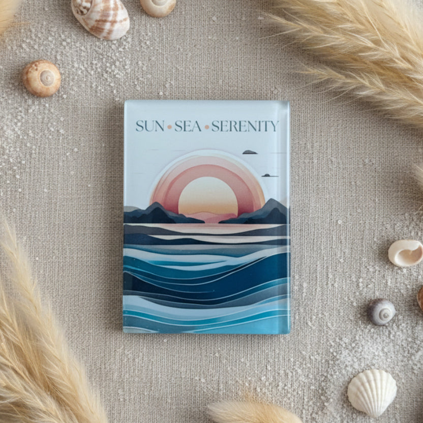 Sun Sea Serenity Glass Magnet – Layered Sun Over Ocean Retro Design