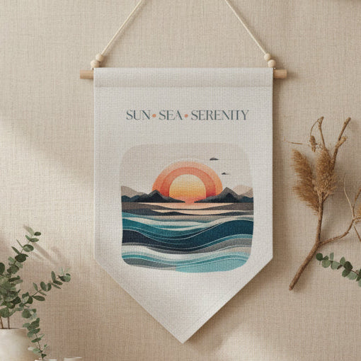 Decorative wall banner with sunset design and 'Sun Sea Serenity' text on a neutral background.