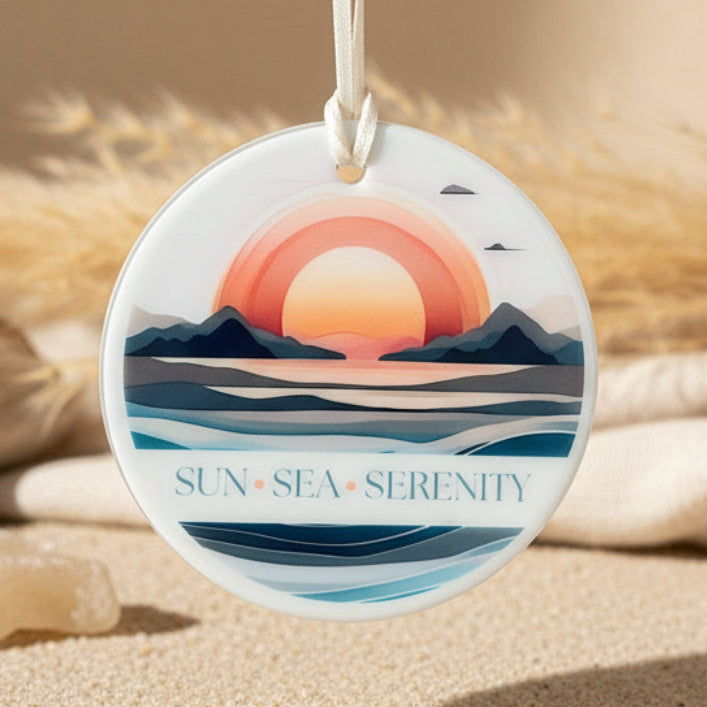 Sun Sea Serenity Ceramic Hanging Ornament – Sunset Sea Design | Boho Coastal Home Décor Gift