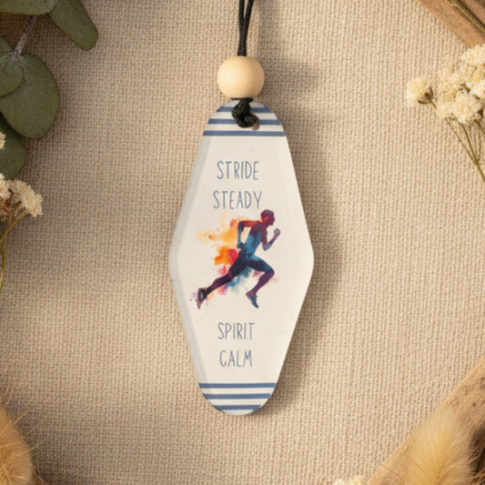 Stride Steady, Spirit Calm Keyring – Retro Motel Style Boho Keychain with Male Rainbow Watercolour Runner Design, Gift for Runners & Outdoor Lovers