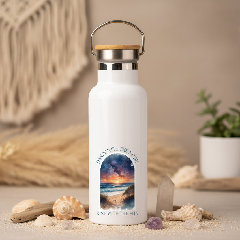 Rise with the Sun Dance with the Moon Metal Water Bottle – 500ml Stainless Steel Insulated Flask with Sun & Moon Beach Design