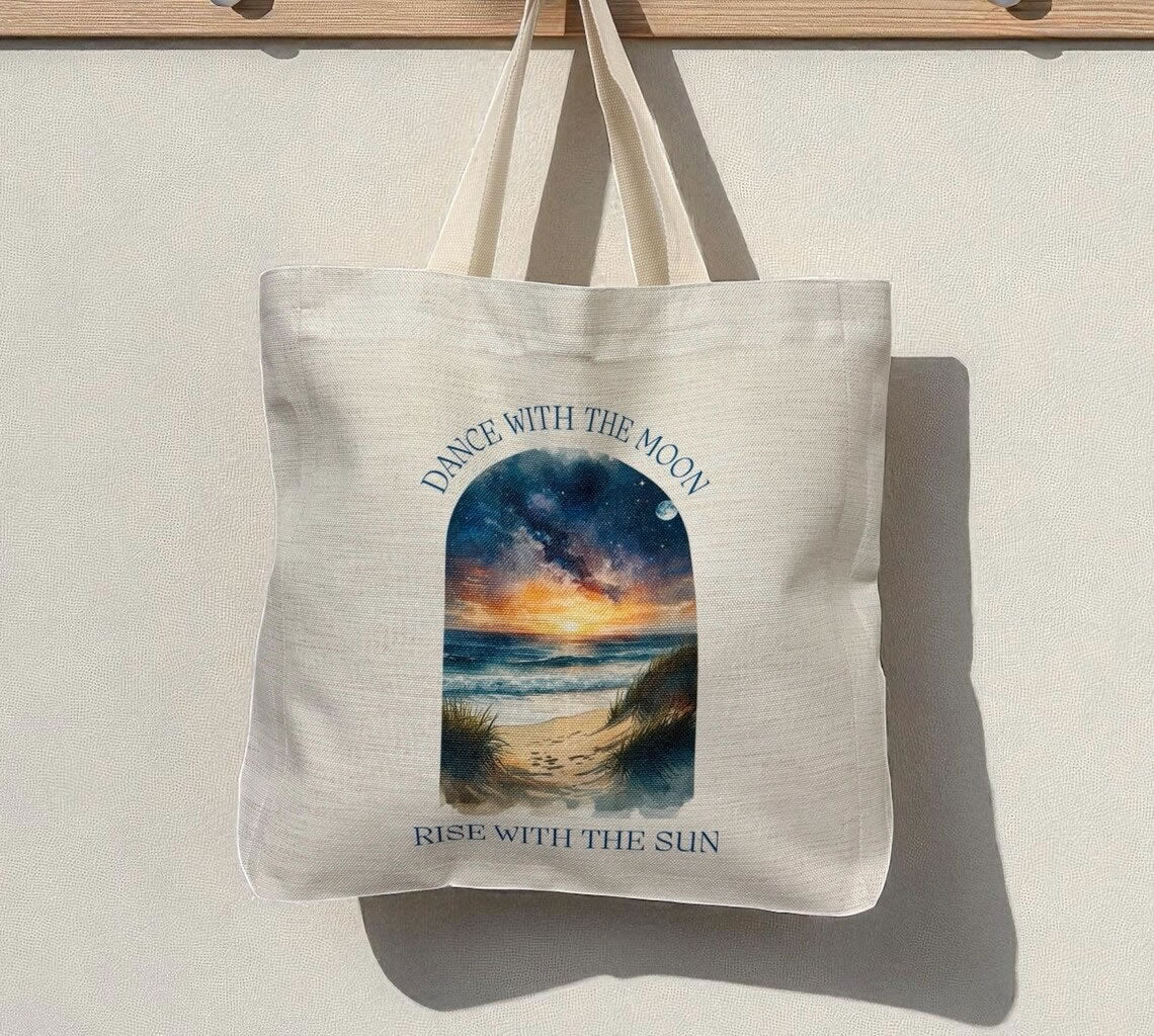 Dance With The Moon Rise With The Sun Tote Bag – Celestial Watercolour Design
