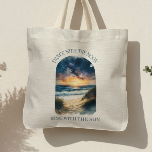 Dance With The Moon Rise With The Sun Tote Bag – Celestial Watercolour Design