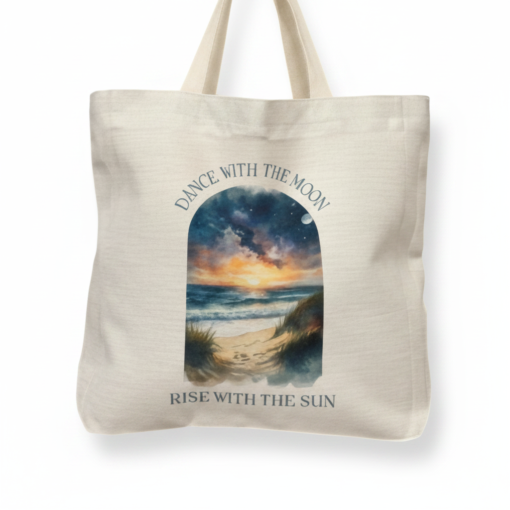 Dance With The Moon Rise With The Sun Tote Bag – Celestial Watercolour Design