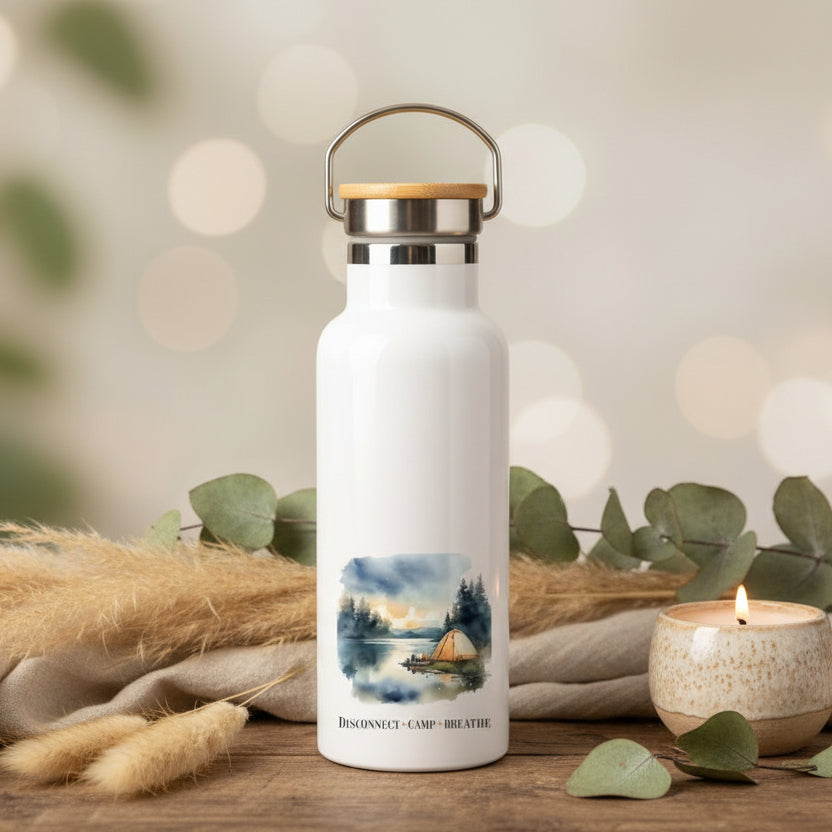 Disconnect Camp Breathe Metal Water Bottle – 500ml Stainless Steel Insulated Flask with Watercolour Camping Design