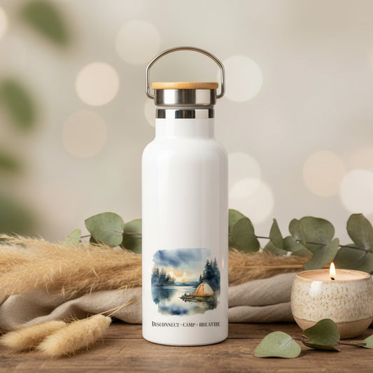 Disconnect Camp Breathe Metal Water Bottle – 500ml Stainless Steel Insulated Flask with Watercolour Camping Design