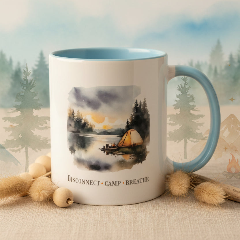 Disconnect Camp Breathe Ceramic Mug – Tent by Lake Design