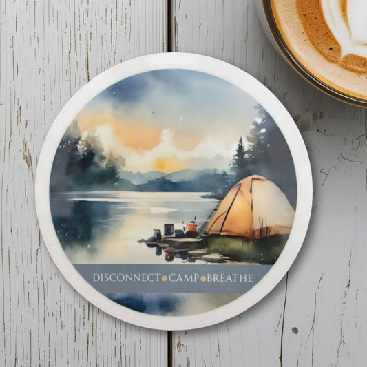Disconnect, Camp, Breathe Round Coaster – Watercolour Camping in Nature Design | Outdoor Adventure Décor