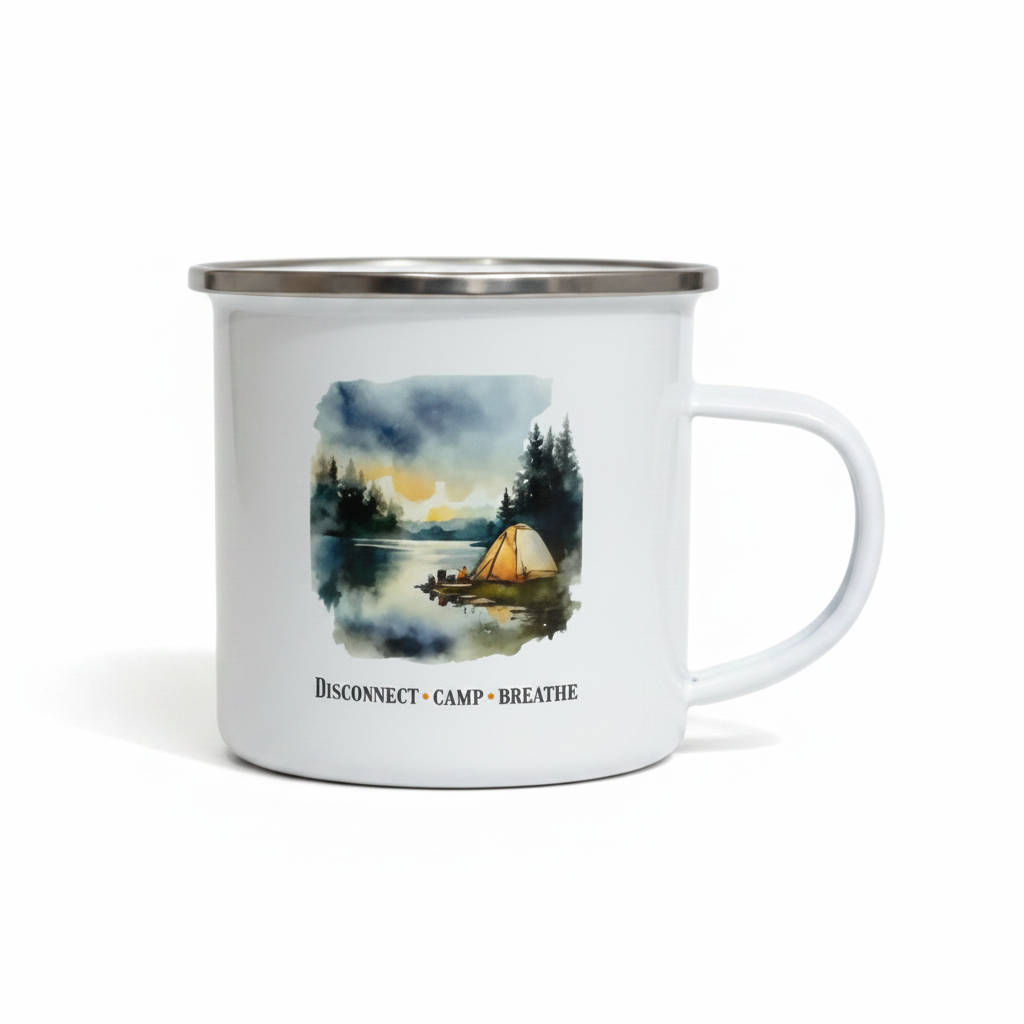 Disconnect Camp Breathe Enamel Mug – Watercolour Lake Camping Mug 12oz