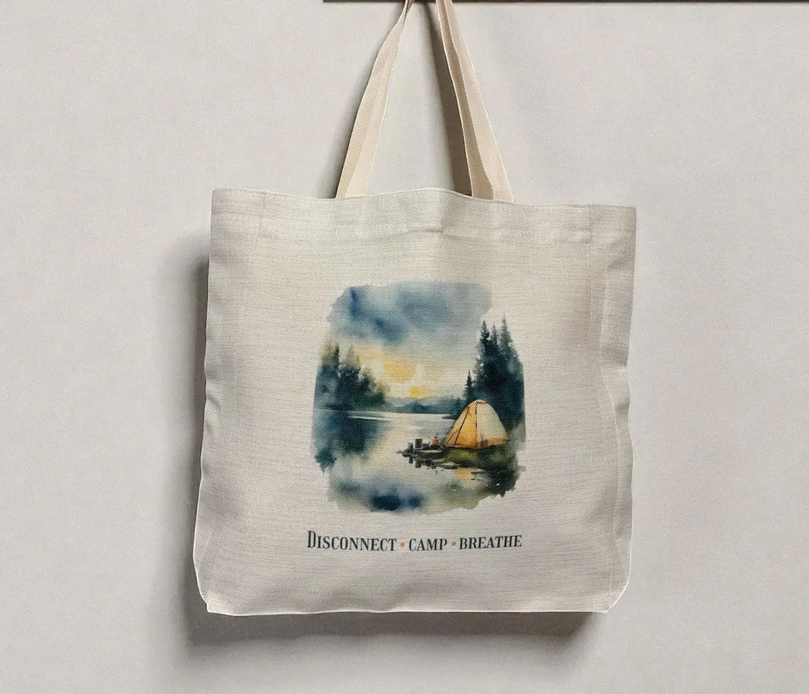 Disconnect Camp Breathe Tote Bag – Watercolour Nature & Camping Design