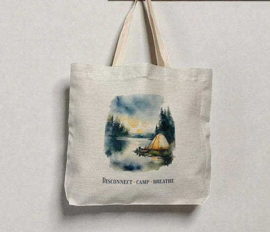 Disconnect Camp Breathe Tote Bag – Watercolour Nature & Camping Design