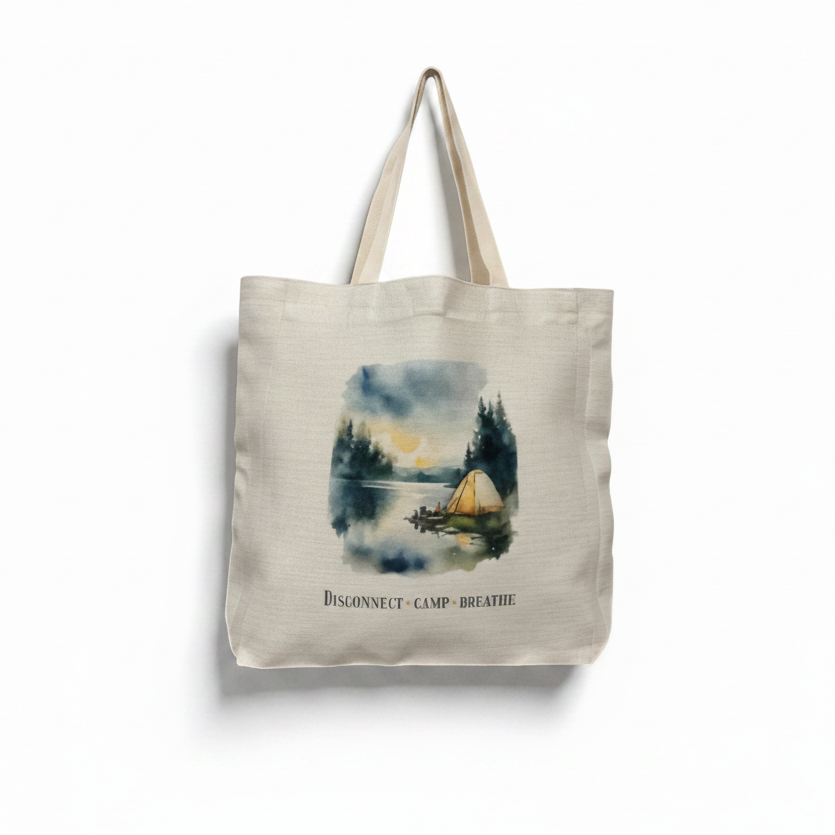 Disconnect Camp Breathe Tote Bag – Watercolour Nature & Camping Design