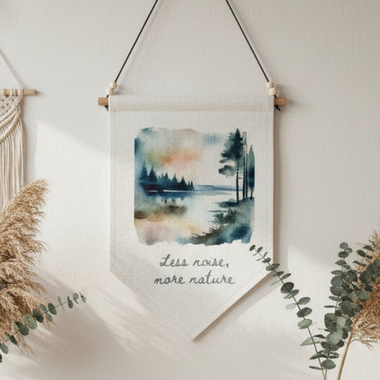 Less Noise More Nature Quote with Watercolour Lake and Trees Design – Rustic Linen Hanging Wall Art for Home or Cabin Décor