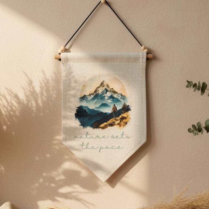 Nature Sets the Pace Watercolour Mountains and Hiker – Boho Home Décor, Outdoor Inspiration LInen Hanging Wall Art