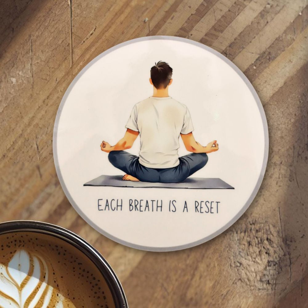 Each Breath Is a Reset Round Coaster – Watercolour Male Yoga Pose Design | Mindful Living & Wellness Décor