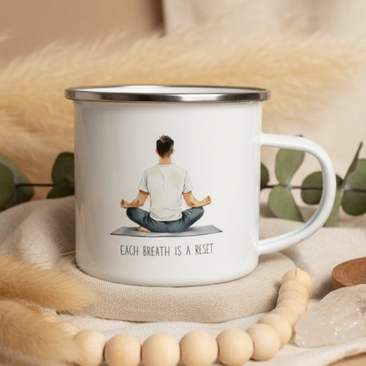 Each Breath Is A Reset Enamel Mug – 12oz Yoga Line Art Mug