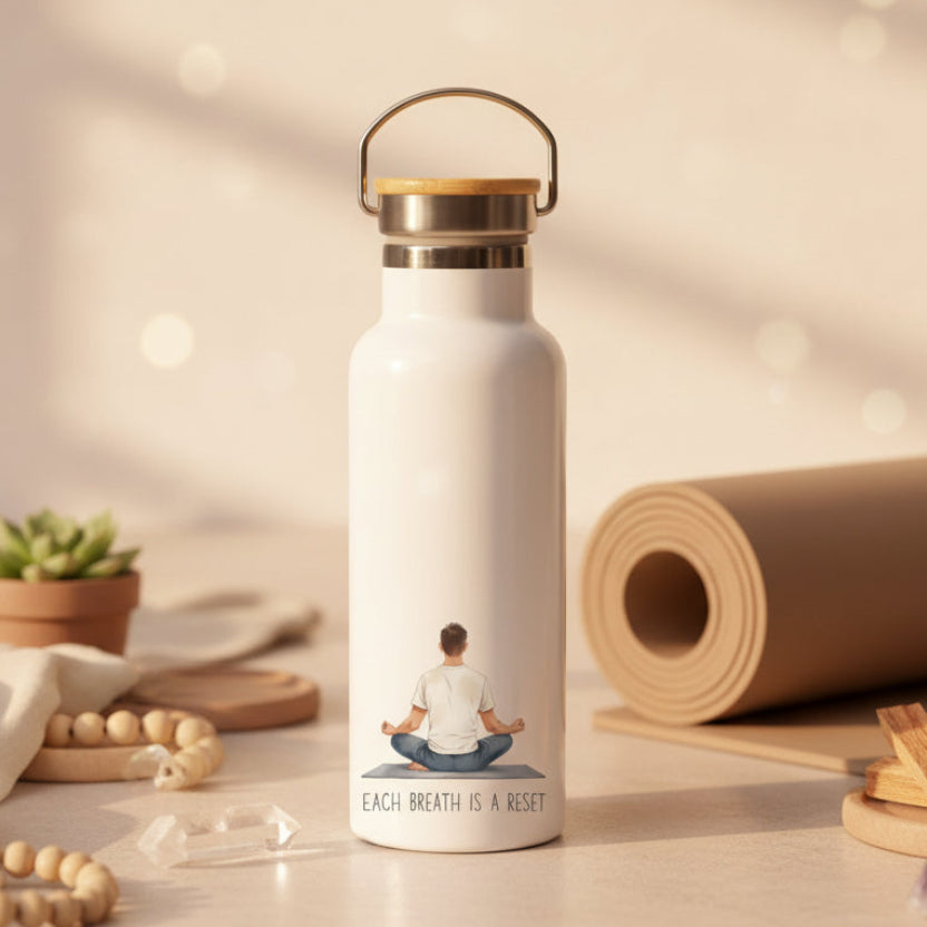 Each Breath Is a Reset Metal Water Bottle – 500ml Stainless Steel Insulated Flask with Male Yoga Pose Design