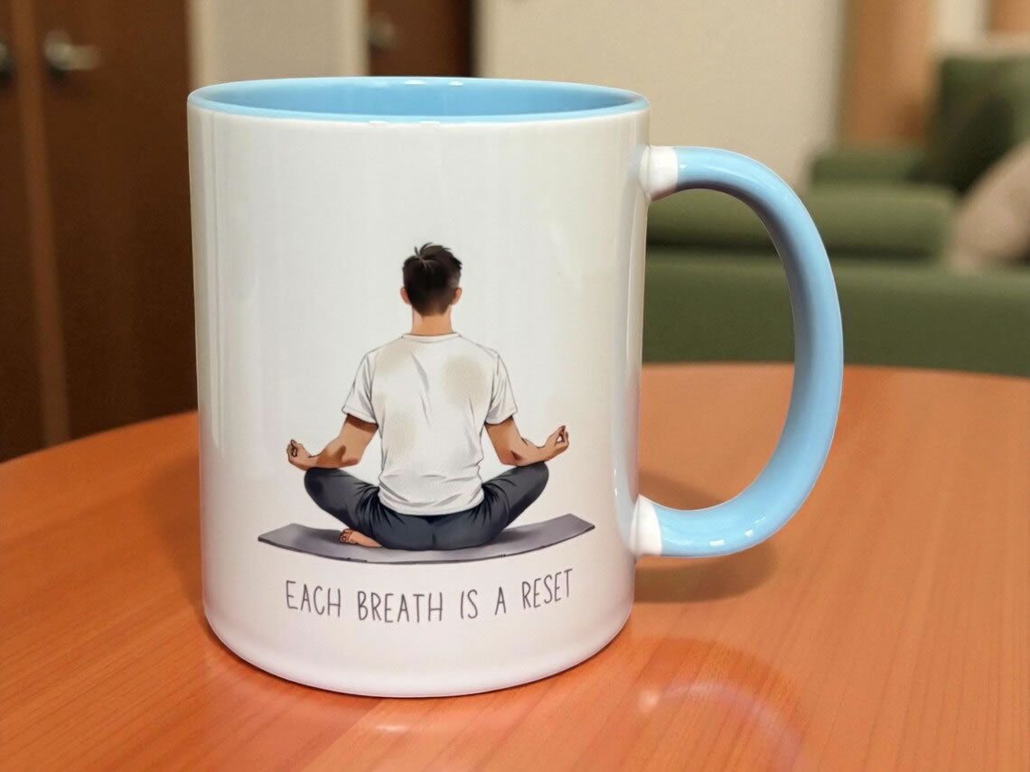 Each Breath Is A Reset Ceramic Mug – Male Yoga Pose Design
