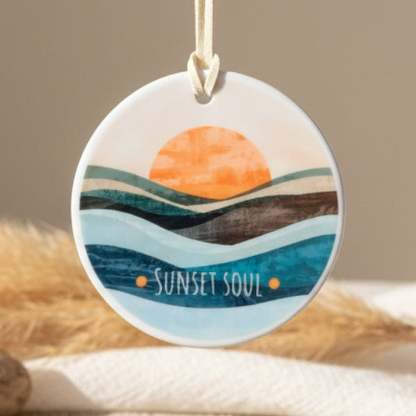 Sunset Soul Ceramic Hanging Ornament – Layered Ocean Sunrise Design | Boho Coastal Wall Décor