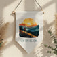 Slow Steps, Big Views Watercolour Sunset and Mountain Hiker - Boho Home Décor, Hiking & Nature Inspiration Linen Wall Hanging