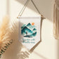 Wander Wild Breathe Easy Linen Pennant Flag – Boho Wall Hanging with Mountain Hiking Design, Wooden Rail, Beads & Faux Suede Cord
