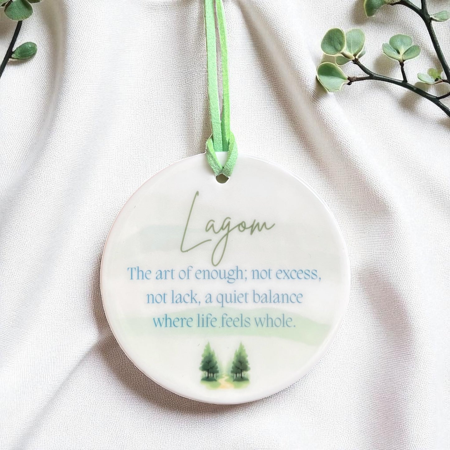 Lagom Ceramic Round Ornament – Swedish Scandinavian Word with Definition - Minimalist Home Décor & Inspirational Gift