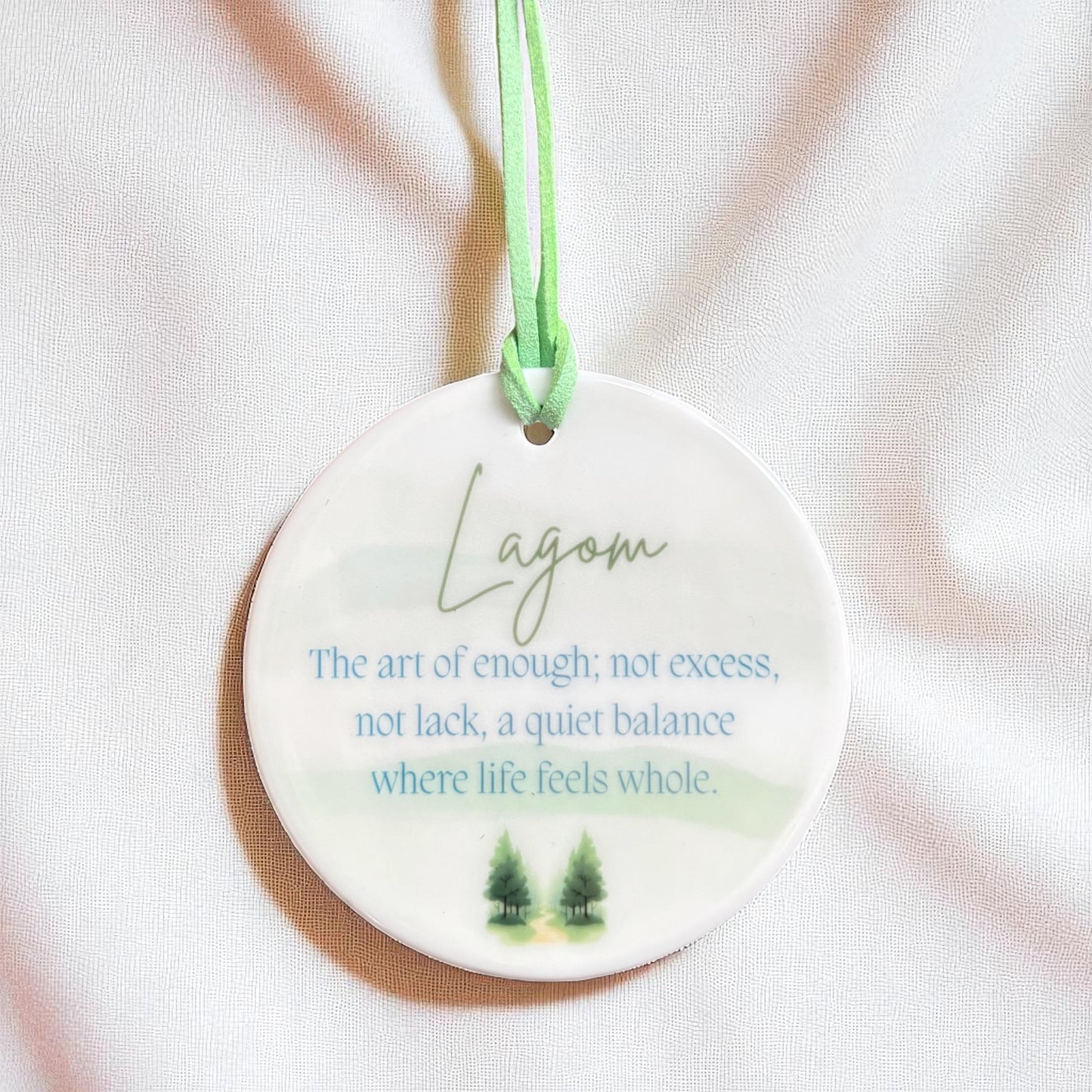 Lagom Ceramic Round Ornament – Swedish Scandinavian Word with Definition - Minimalist Home Décor & Inspirational Gift