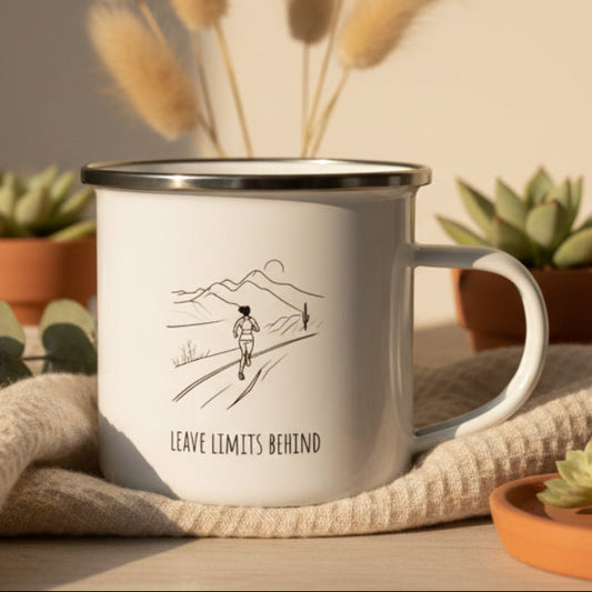 Leave Limits Behind Enamel Mug – 12oz Female Runner Line Art Mug